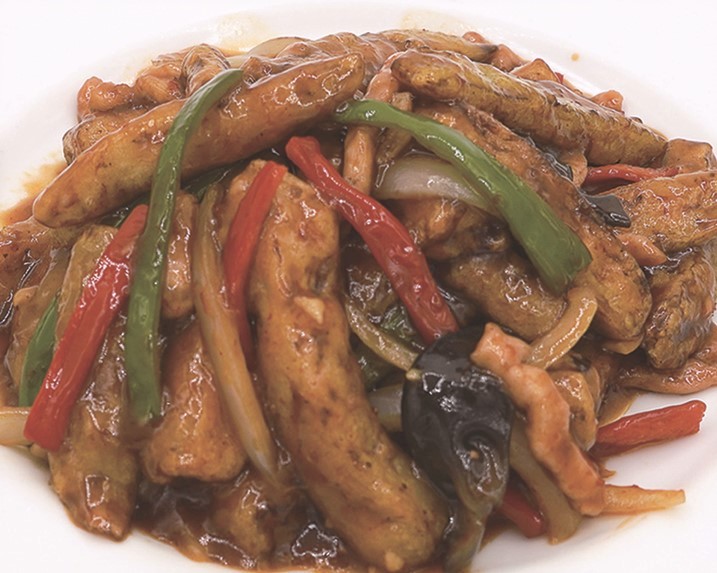 茄子と豚肉細切りの四川風炒め